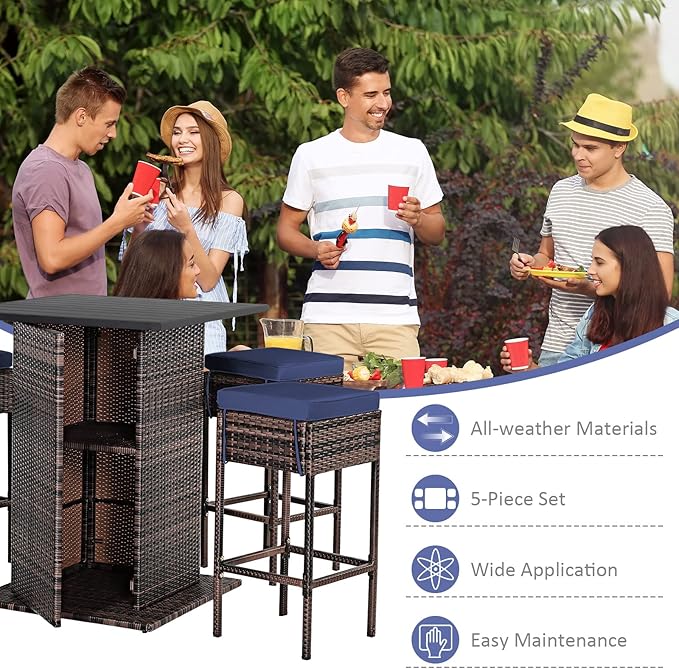 Tangkula 5 Piece Outdoor Rattan Bar Set, Patio Bar Furniture with 4 Cushions ...