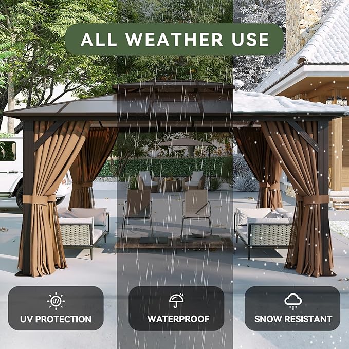 Aoxun 12'x10' Hardtop Gazebo, Aluminum Frame Permanent Pavilion with ...