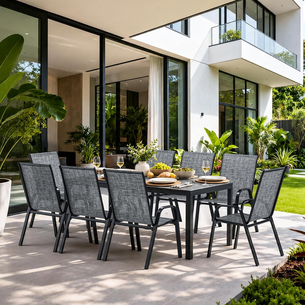 Pamapic Outdoor Dining Sets for 9, Rectangular Steel Slat Table with 8 Textil...