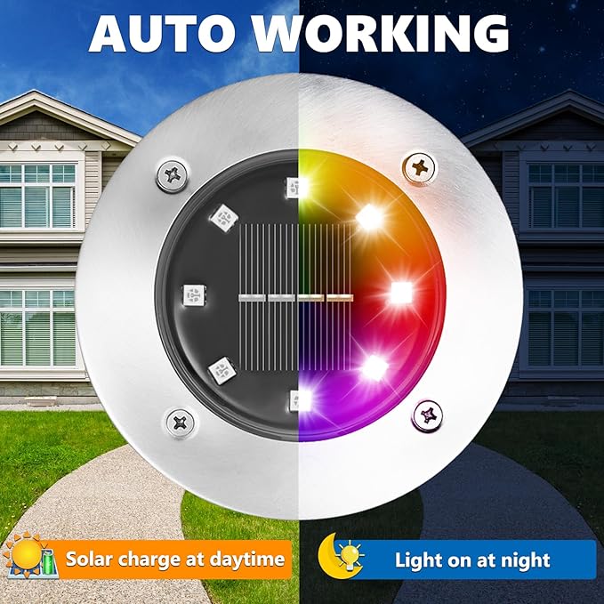 LYHOPE Solar Ground Light Outdoor, 16 Pack 8 LED Color Changing Solar Disk Li...