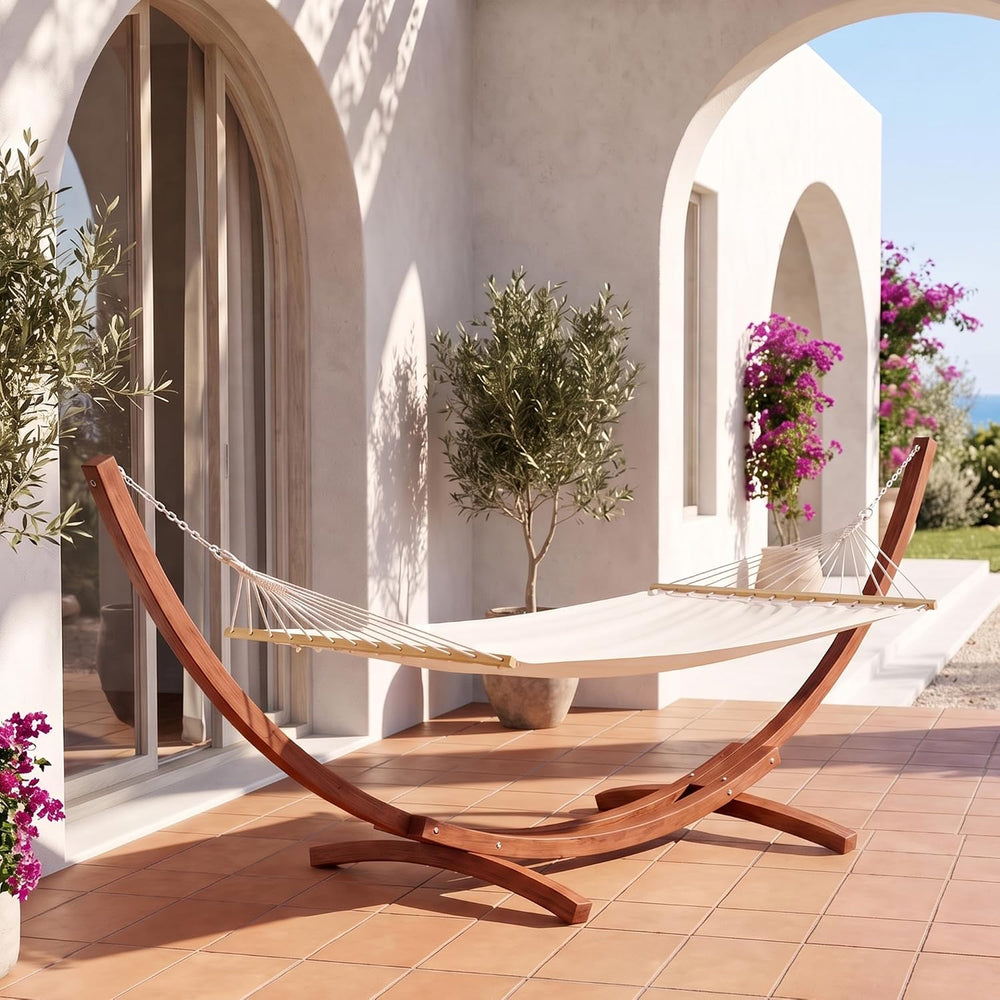 13 FT Wooden Hammock with Stand, Outdoor Double Hammock with Wood Stand 2 Per...