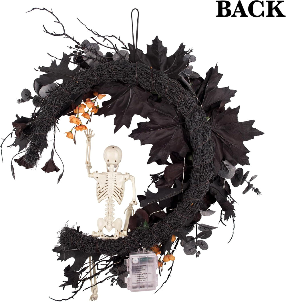 20" Pre-lit Halloween Black Moon Wreath with Poseable Skeleton, Handmade...