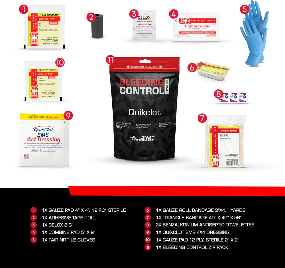 Bleeding Control Zip Pack with QuikClot, Celox, Gauze Pads, Triangular Bandag...