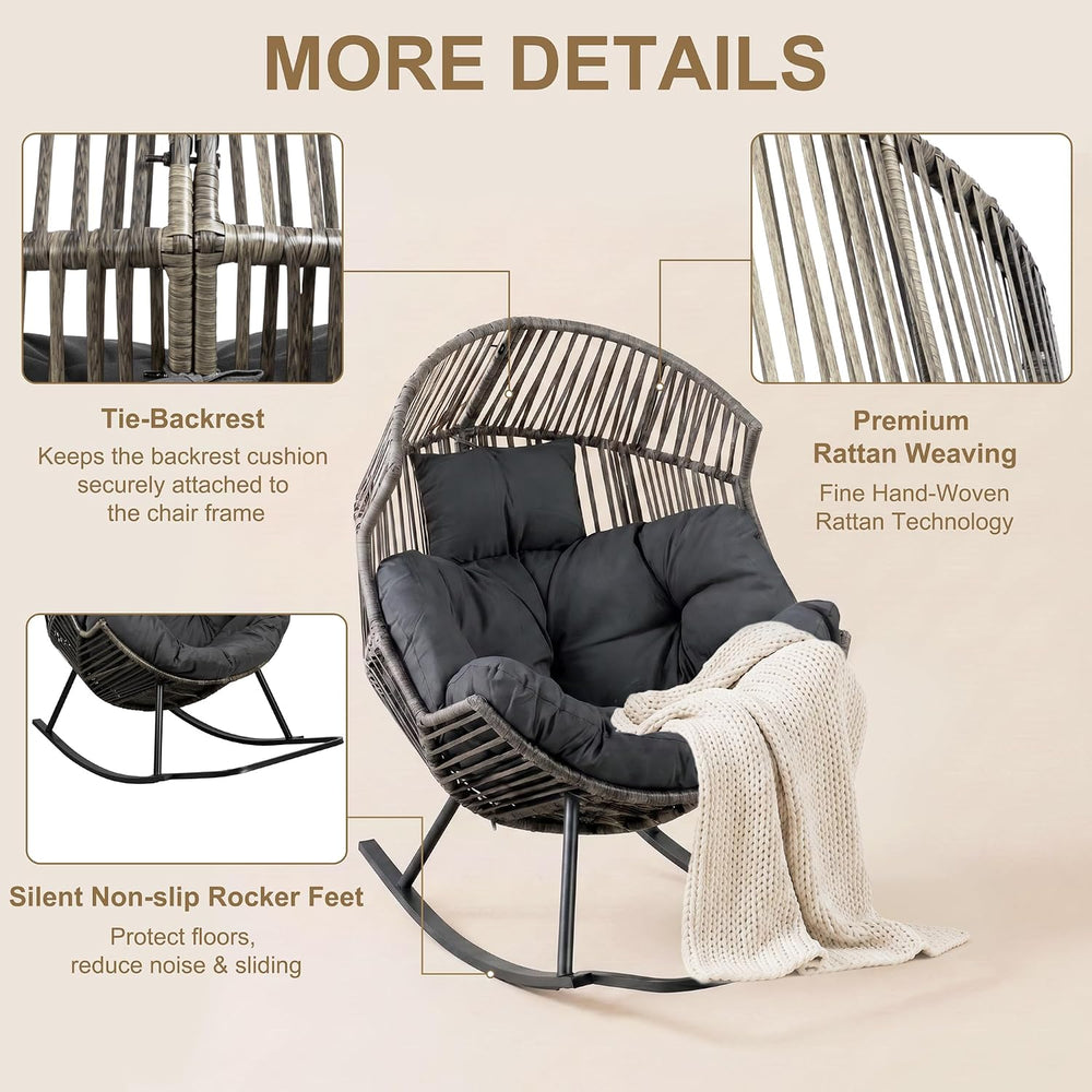 Shintenchi Oversized Outdoor Rocking Chair, Wicker Egg Patio Lounge Chair Bas...