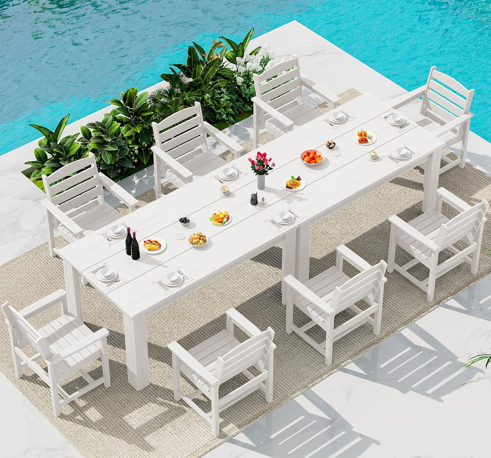 SERWALL Patio Dining Set for 8, w/ 2 Tables & 8 Armchairs, White