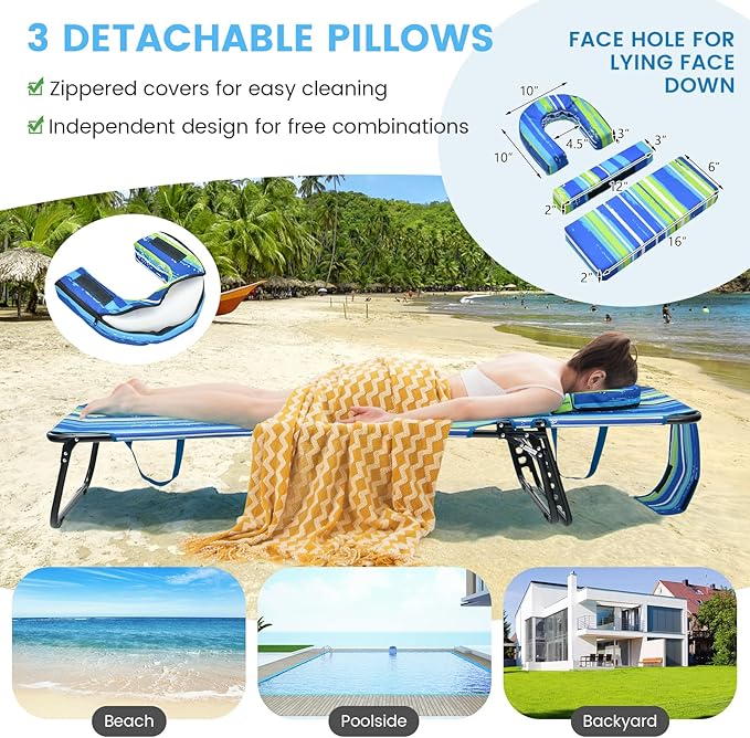 GYMAX Tanning Chair, 350lbs Beach Lounge Chair with Face Hole, Washable Pillo...