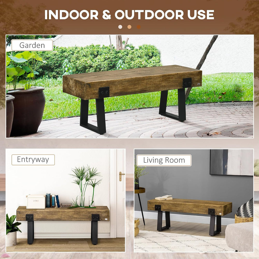 HOMCOM 48" Outdoor Bench with Metal Legs for 2-Person, Natural and Black
