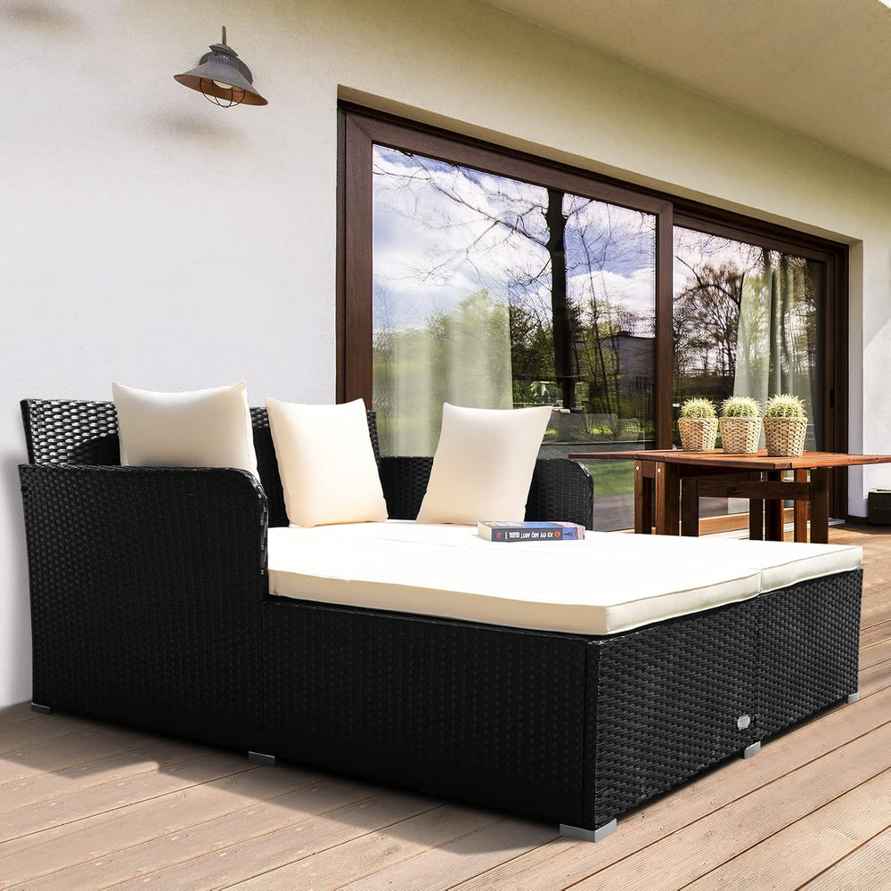 RELAX4LIFE Rattan Patio Outdoor Daybed, Wicker 2-Person Sunbed Loveseat with ...