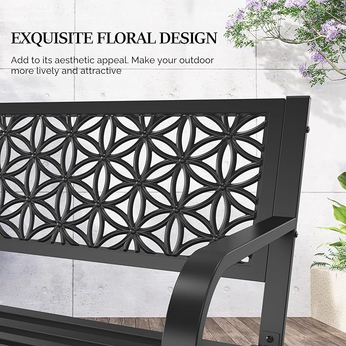 VINGLI 50" Outdoor Bench Metal with Floral Back, Garden Bench Front Porc...
