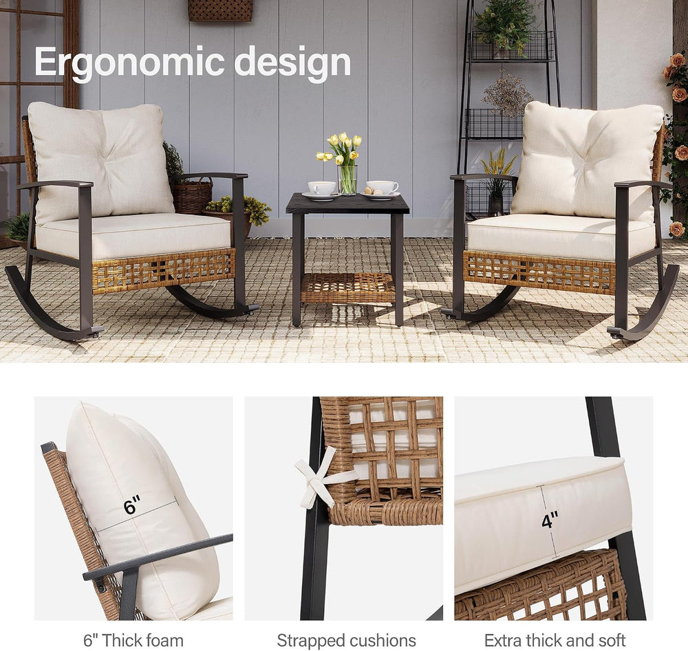 3-Piece Rocking Bistro Set, Outdoor Patio Furniture with Thick Cushions and 2...