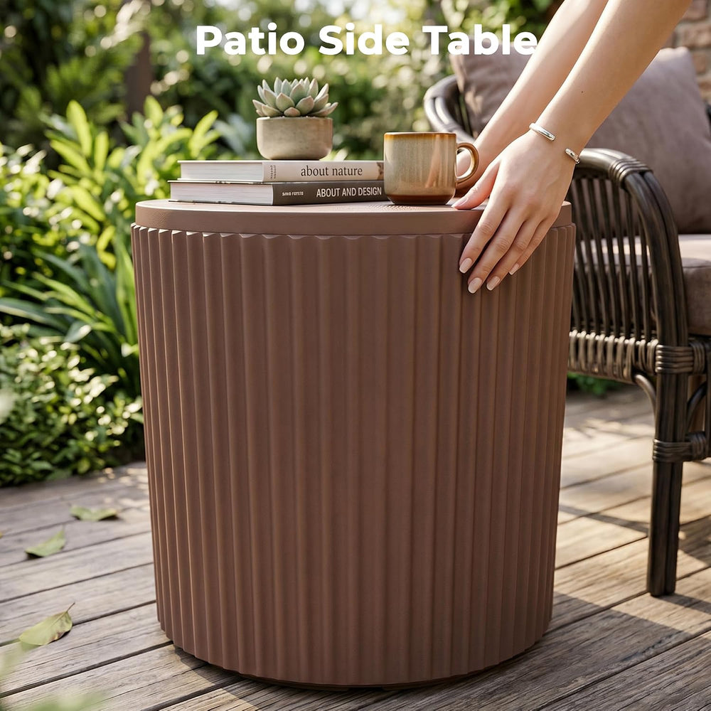 JEAREY Outdoor Side Table Set of 2, Umbrella Base, Ice Bucket, Brown