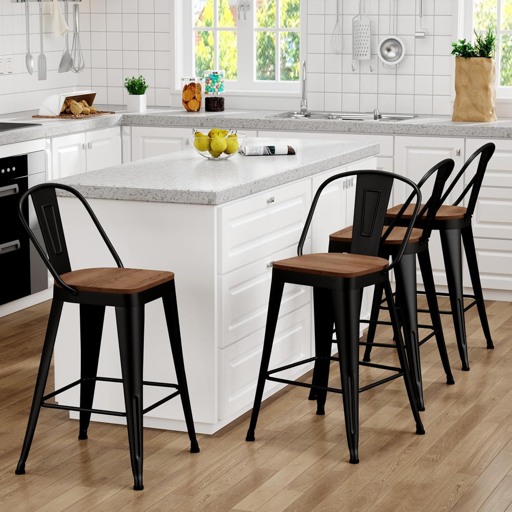26" Metal Bar Stools Set of 4, Counter Height with Backs, Black