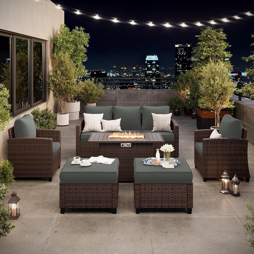 6 PCS Patio Furniture Set with Fire Pit,Rattan Patio Set,Dark Grey