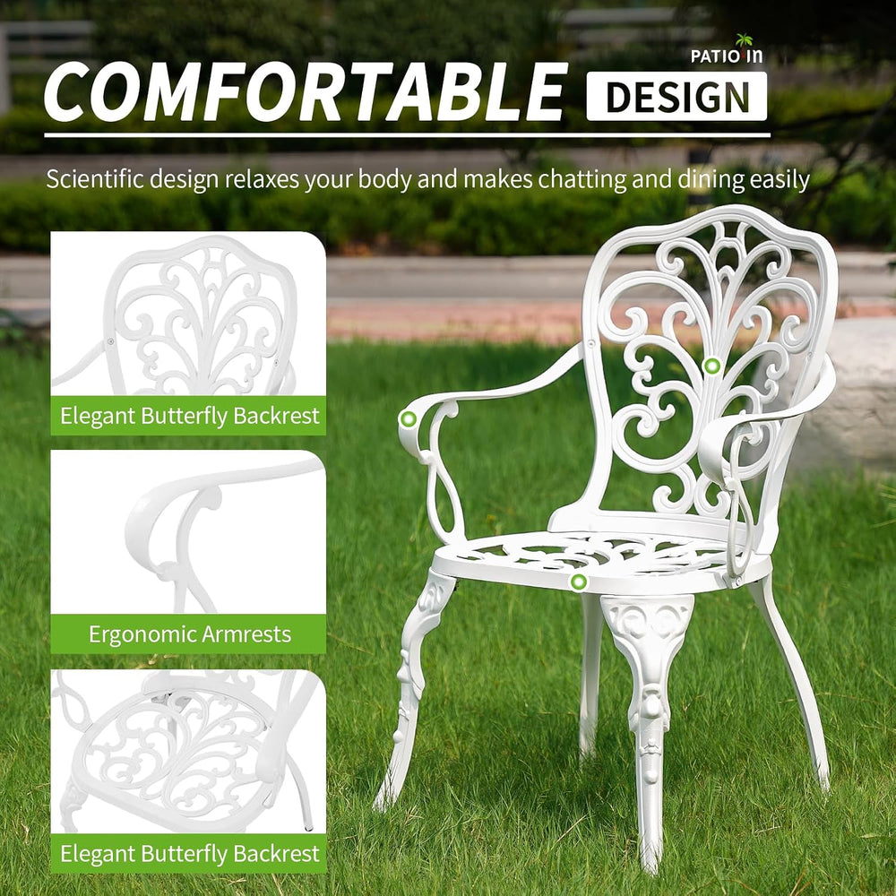 Outdoor Bistro Table and Chairs Set of 2, White Metal Patio Bistro Set, Cast ...