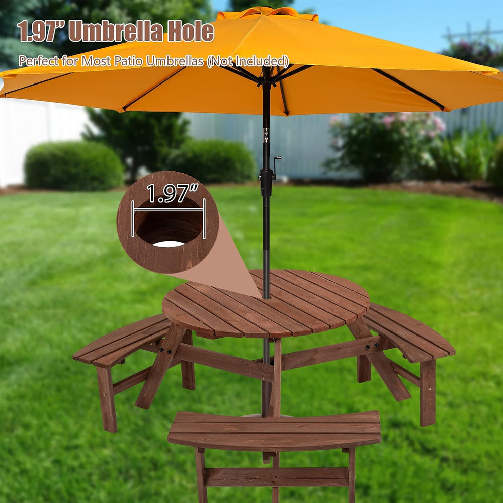6 Person Wood Picnic Table, Outdoor Round Picnic Table with 3 Built-in Benche...