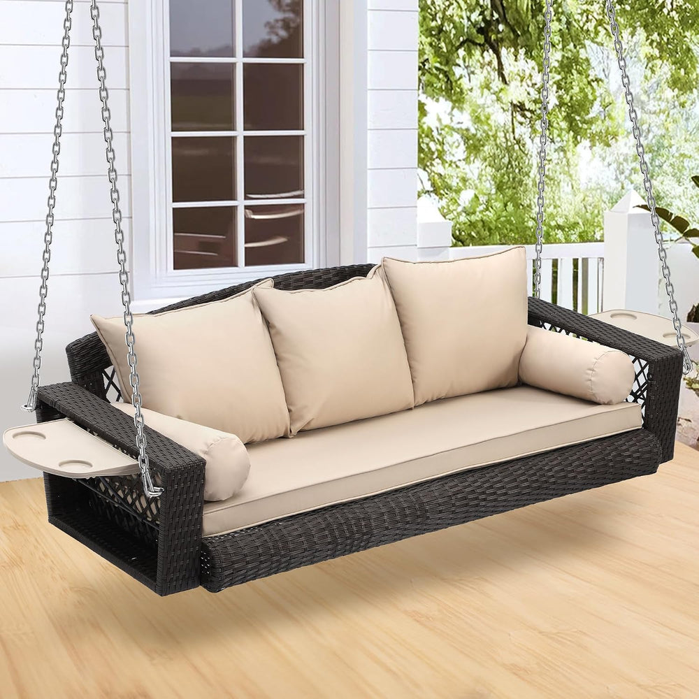 3-Person Hanging Porch Swing, Outdoor Wicker Swing with Cup Holders