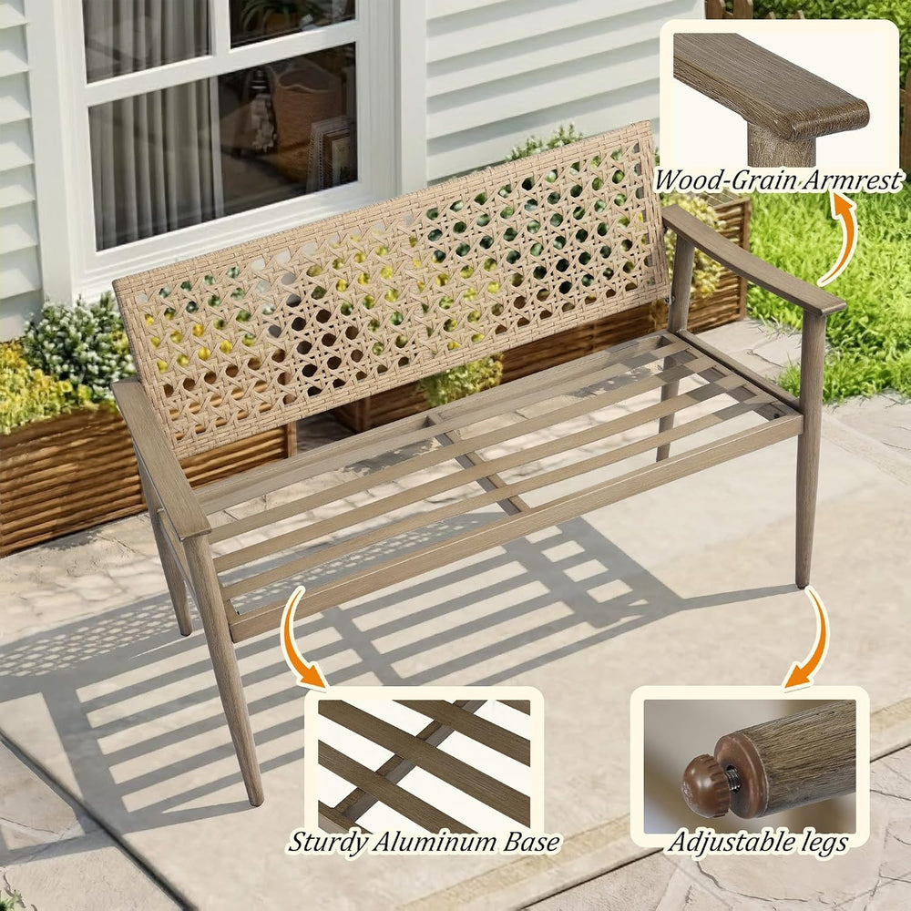 NOBLEMOOD Outdoor Patio Bench with Wicker Backrest,Cushion & Aluminum Frame