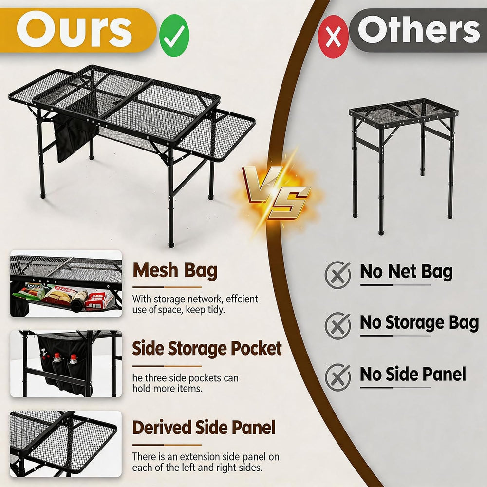 Folding Camping Table with 2 Wing Panels – Adjustable Height & Width Port...