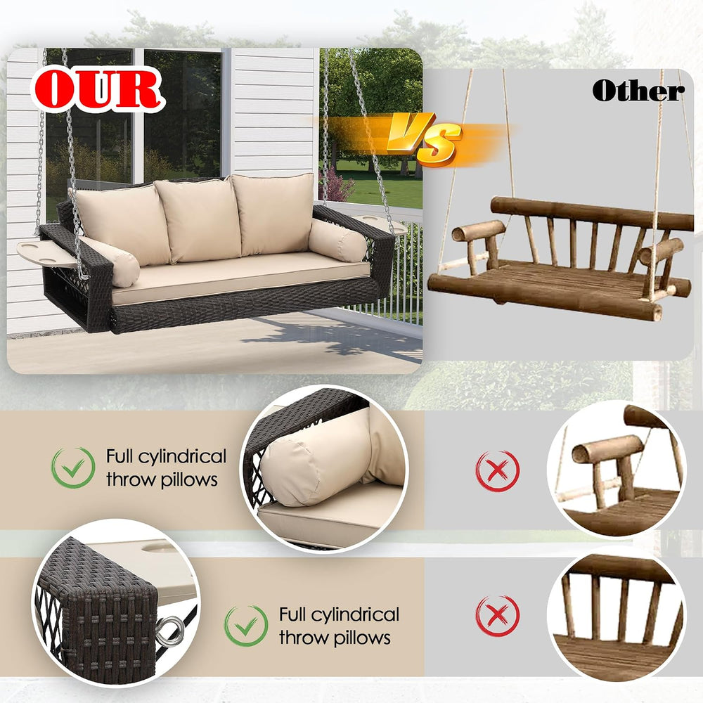 3-Person Hanging Porch Swing, Outdoor Wicker Swing with Cup Holders