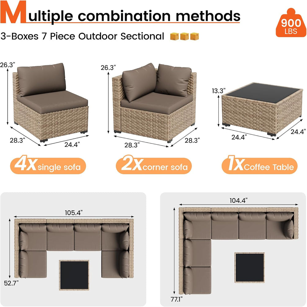 Patio Furniture Set, 7-Piece Outdoor Wicker Sectional Sofa, Brown