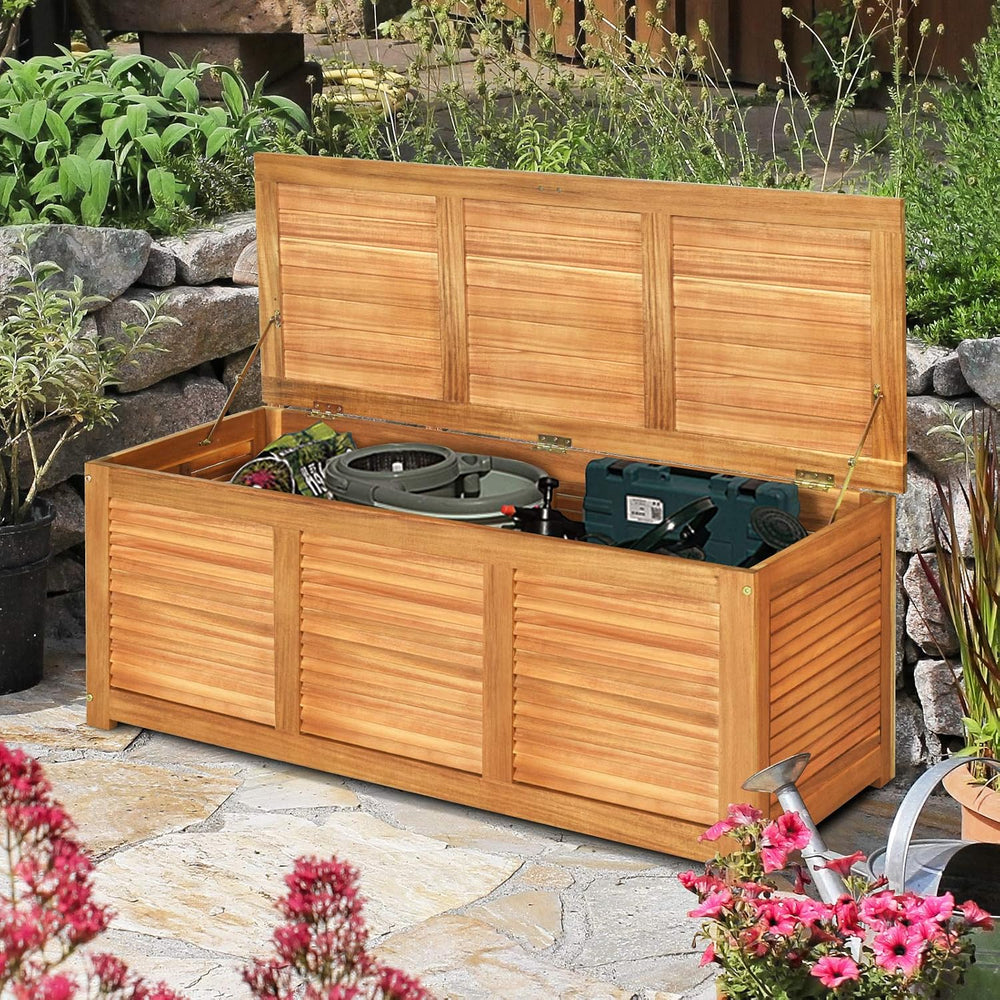 HAPPYGRILL 46 Gallon Acacia Wood Deck Box, Outdoor Storage Box Garden Tools B...