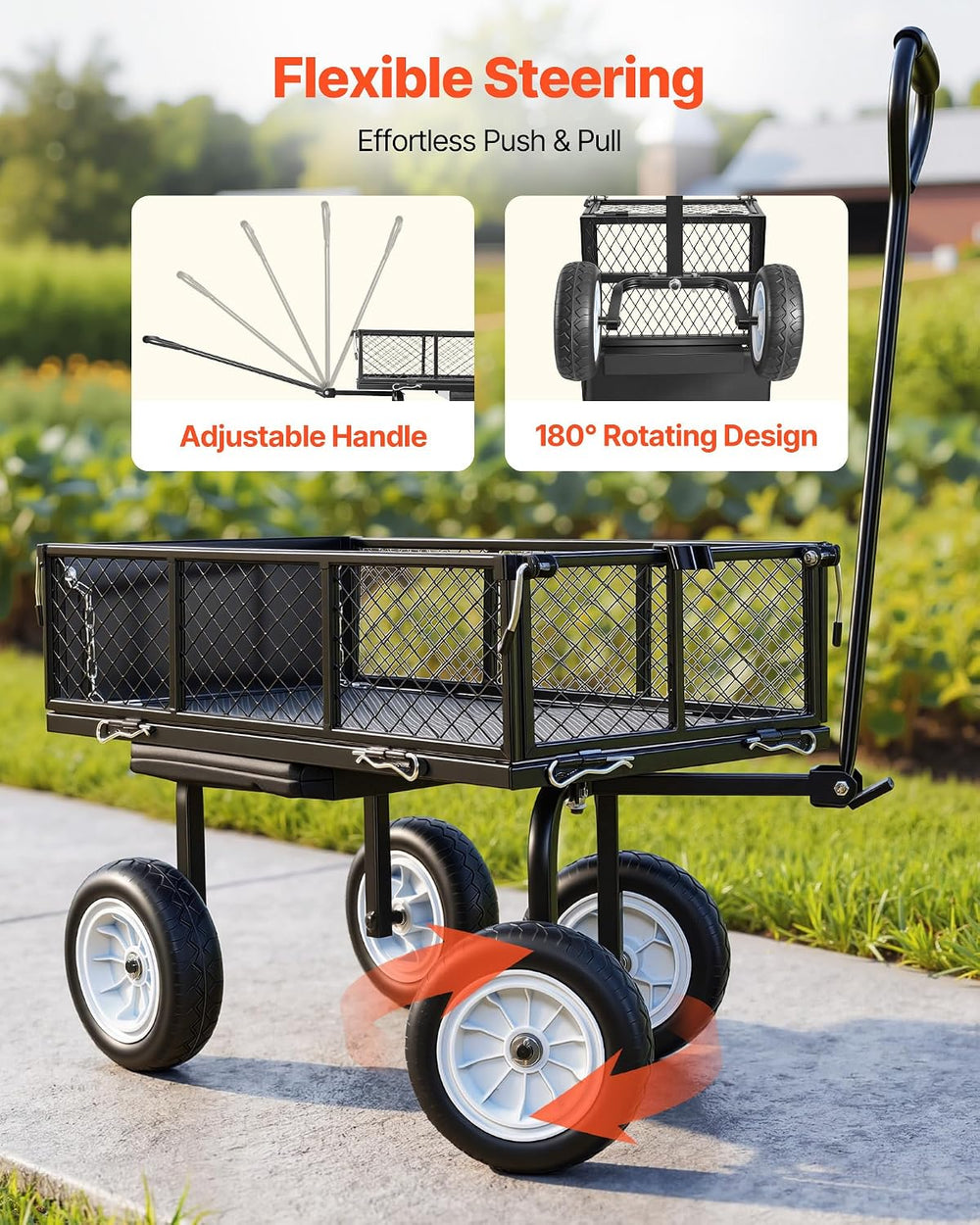 VEVOR 500 LBS Steel Garden Cart with Work Seat, Heavy Duty Garden Wagon Cart ...