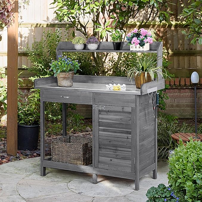 Yaheetech Outdoor Potting Bench Table, Garden Workstation w/Metal Tabletop/Ca...