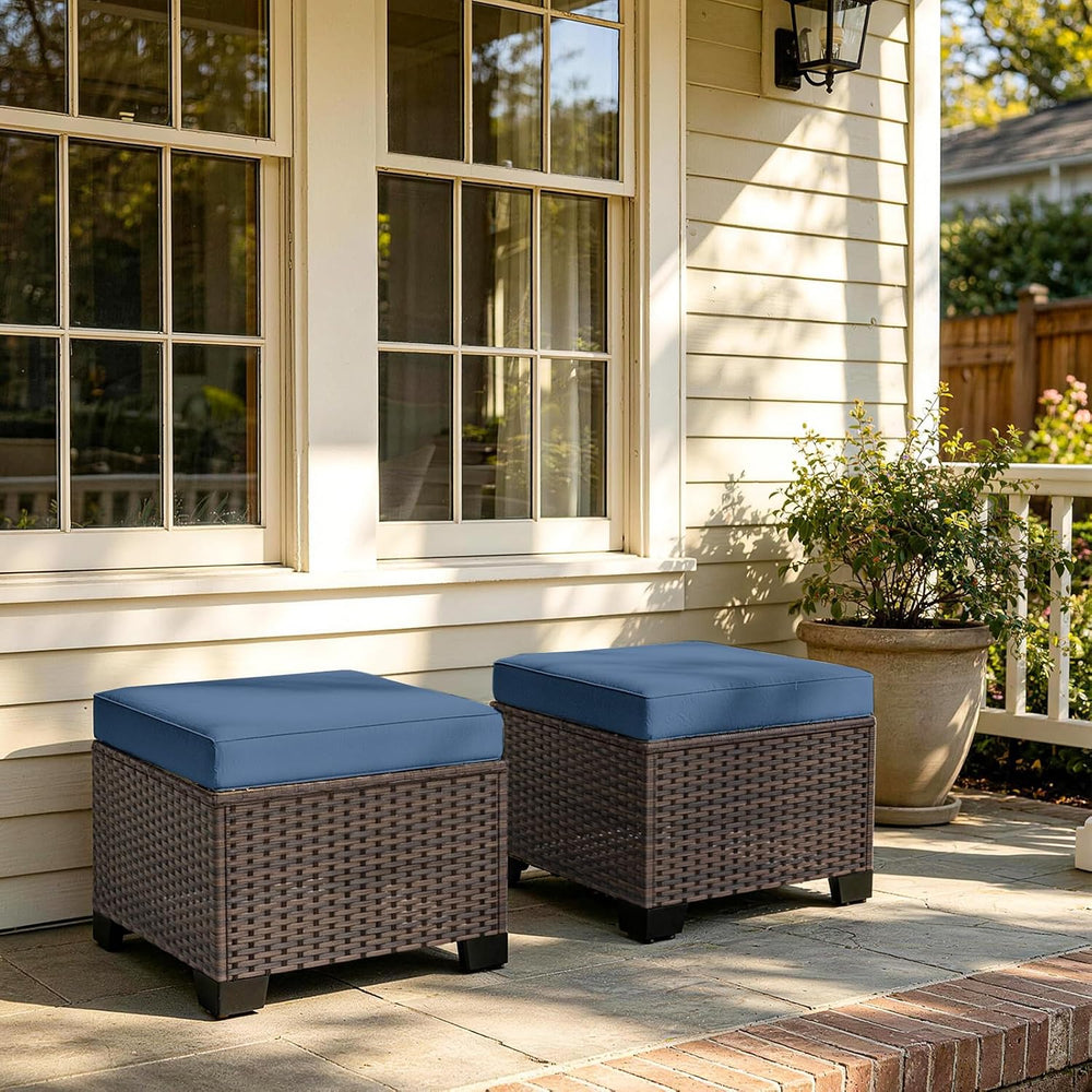 2 Pieces Wicker Ottomans, All Weather Rattan Patio Ottoman with Removable Cus...