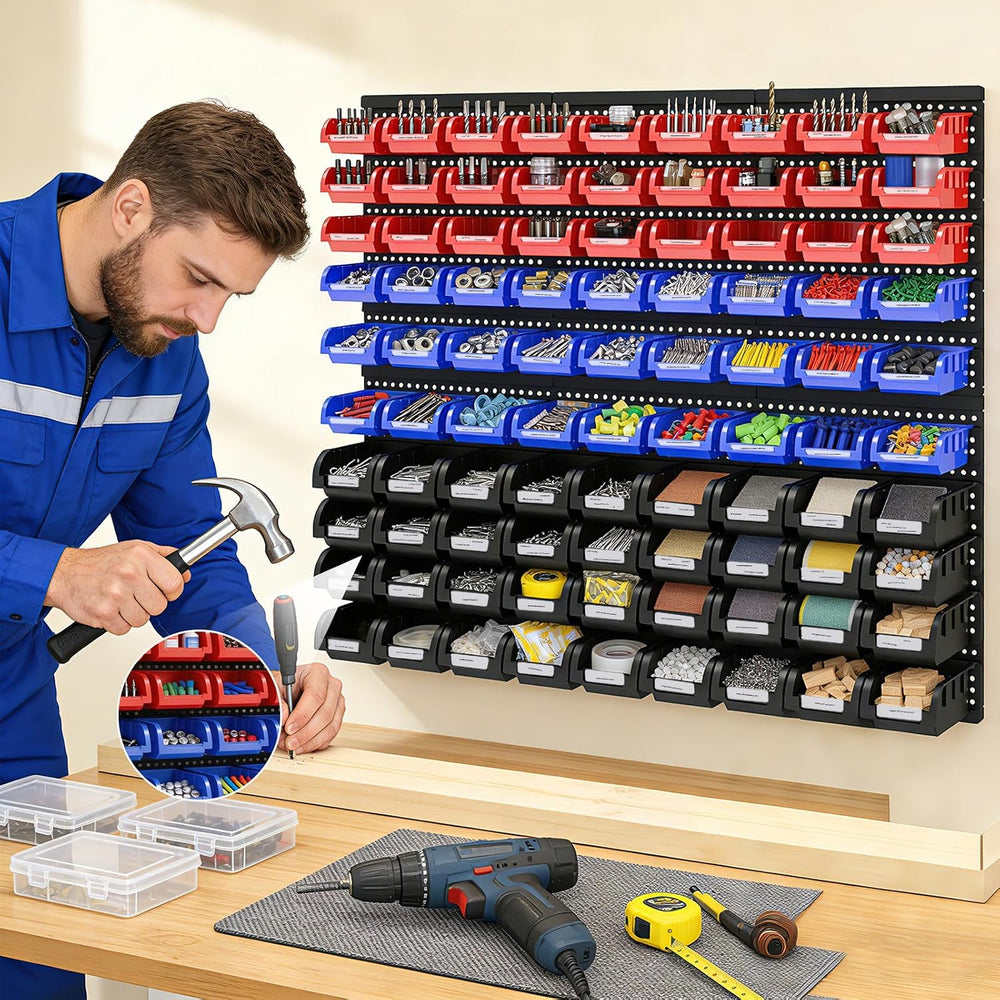 90Pcs Plastic Wall Mounted Storage Bins Parts Rack Nuts And Bolt Bins Organiz...
