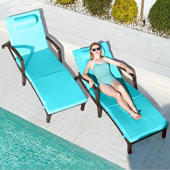 Chaise Lounge Chairs Outdoor Set of 4, Comfy Outside Wicker Patio Pool Lounge...