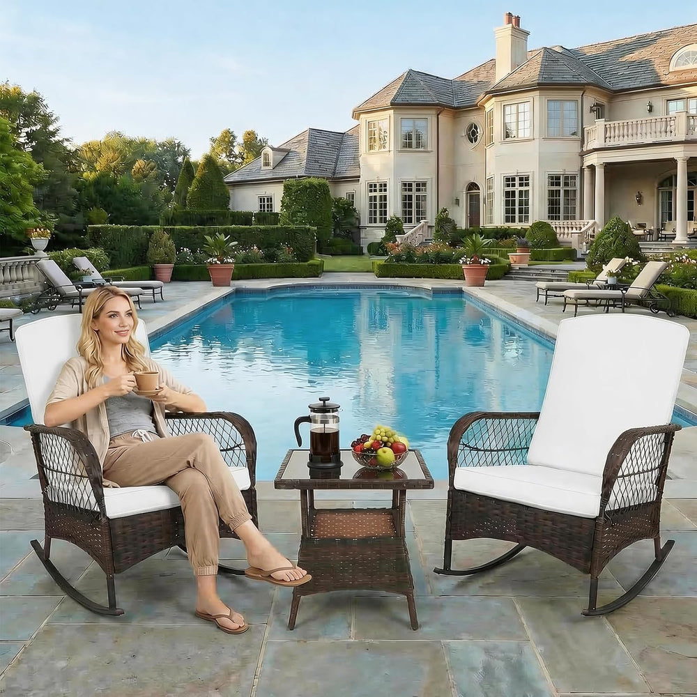 CHABATREE 3 pcs Rocking Bistro Set Conversation Chairs PE Wicker Outdoor Rock...