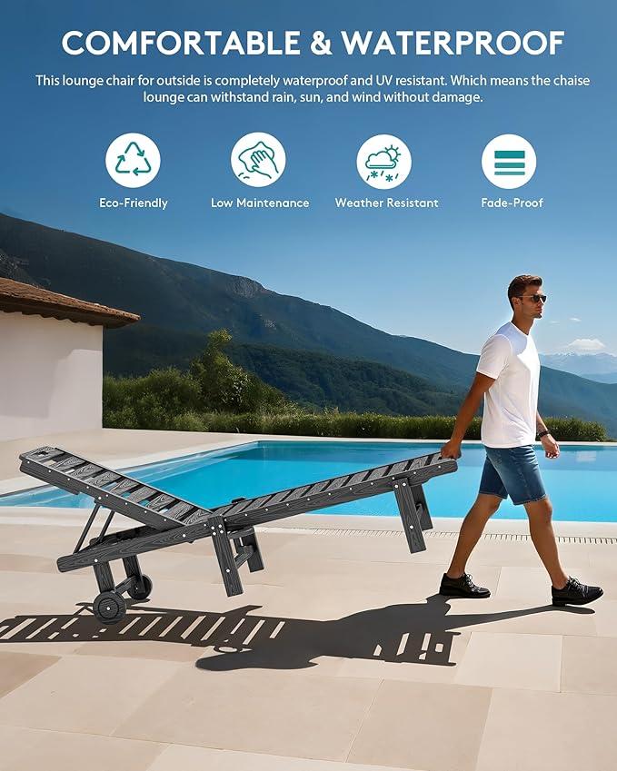 SERWALL Outdoor Chaise Lounge Chair, HDPE Patio Lounge Chair with Cup Holder,...