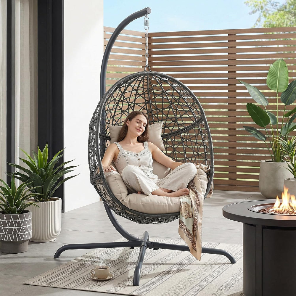 RADIATA Hanging Egg Chair with Stand, Outdoor Patio Swing Chair, Beige