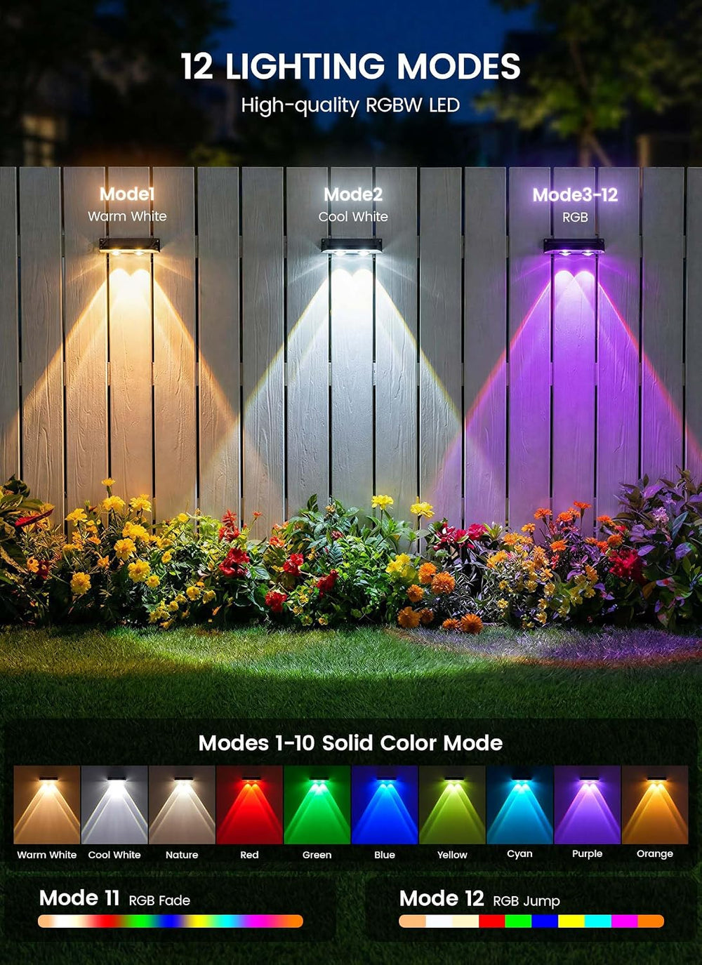 Brightown 8 Pack Solar Fence Lights Outdoor, 3000/4000/6000K/RGB 12 Modes