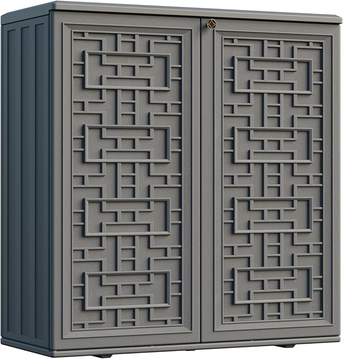 Indoor Outdoor Storage Cabinet Waterproof with Shelf,Plastic Storage Sheds Ou...