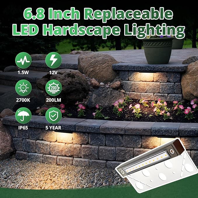 GKOLED 4-Pack Replaceable 6.8" LED Hardscape Lights, Low Voltage Retaini...