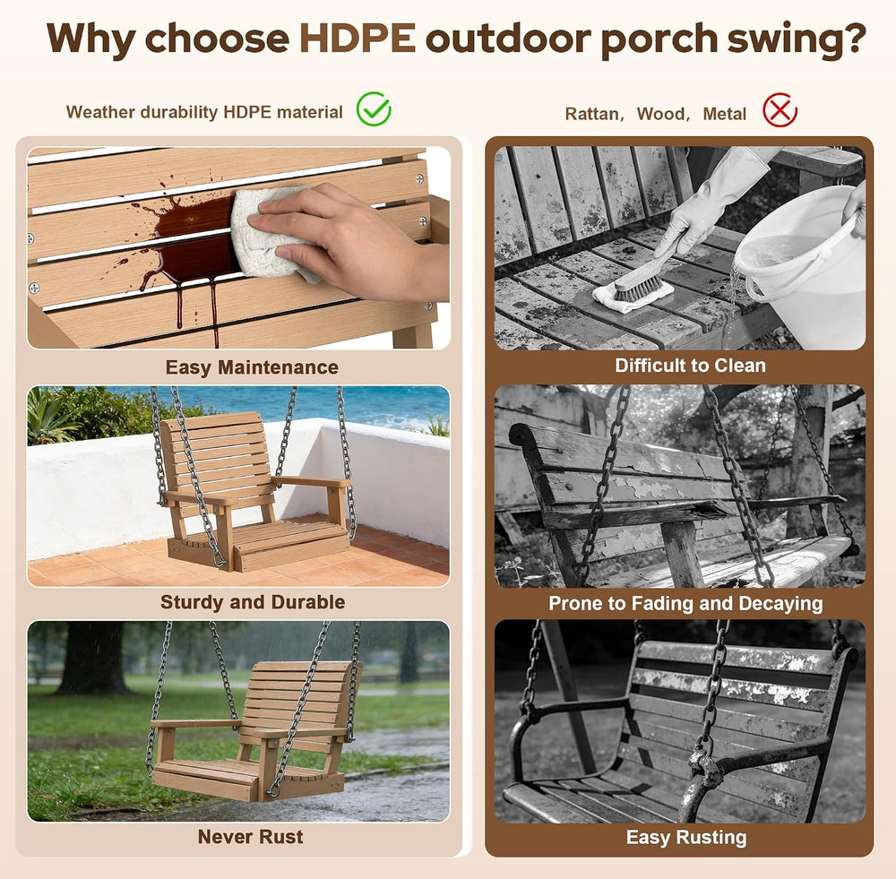 2.2FT HDPE Single Porch Swing, 360 LBS Porch Swing Chair, Teak