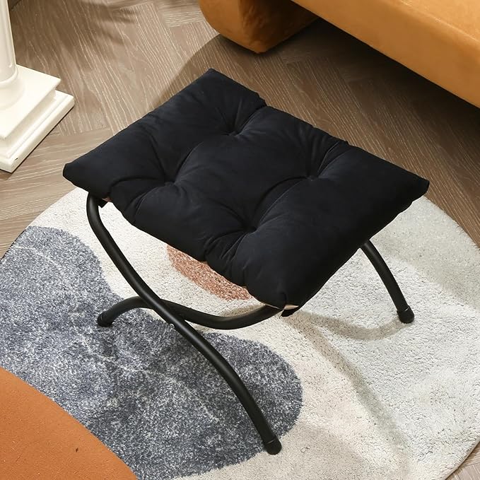 15" Foldable Foot Stool Ottoman with Metal Frame - Washable Black Uphols...