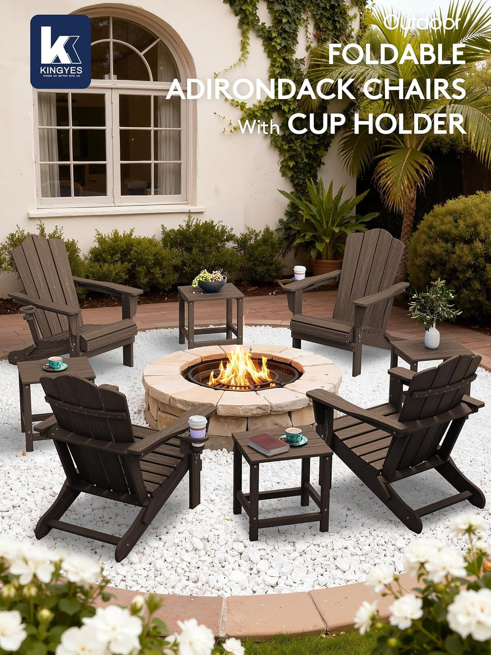 KINGYES Folding Adirondack Chair Set of 2 with Cup Holder, Coffee