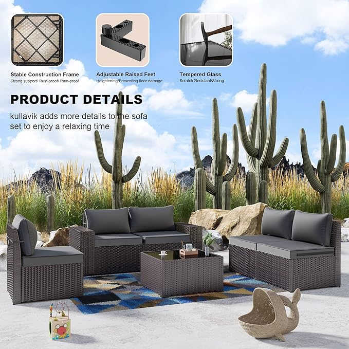 Kullavik 6PCS Outdoor Patio Furniture Set PE Wicker Rattan Sectional Sofa Pat...