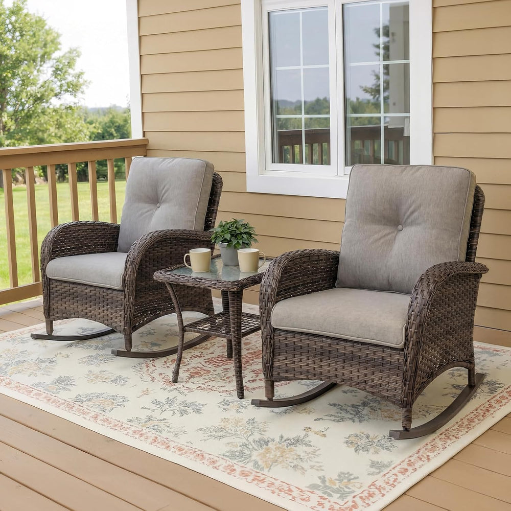 3 Pieces Patio Furniture Set, Outdoor Wicker Porch Rocking Chairs with Wicker...