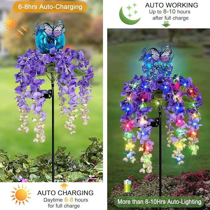Solar Lights Outdoor Pathway,Wisteria Flower Garden Stakes,Colorful LED Light...