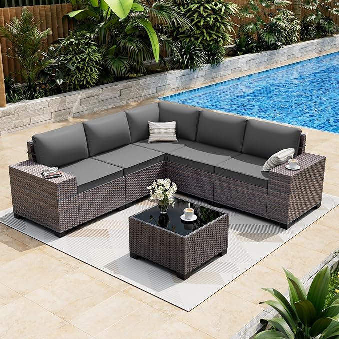 ALAULM 6 Pieces Patio Furniture Set, Oversized Seat/Armrest and High Back Wic...