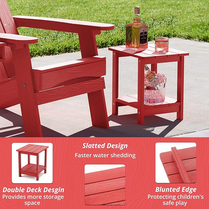 LUE BONA Adirondack Outdoor Side Table, 2-Tier Bright Red HDPS Patio End Tabl...