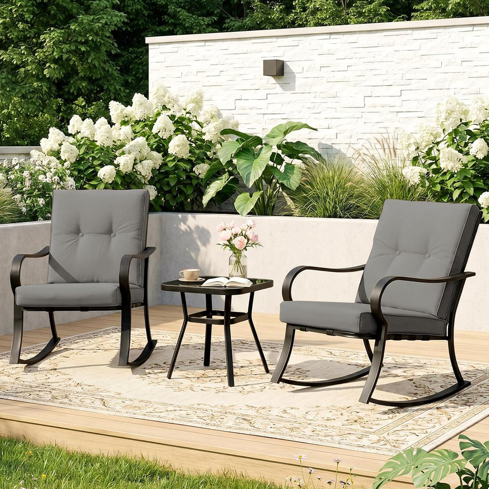 3 PCS Outdoor Rocking Chair Set for Patio, Outdoor Rocking Chair with Cushion...