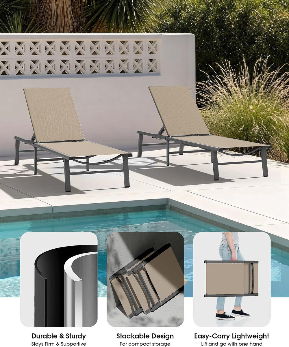 Foldable Outdoor Lounge Chair, No Assembly Patio Chaise Lounge Outdoor with 5...