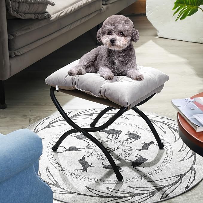 15" Foldable Foot Stool Ottoman with Metal Frame - Washable Light Grey U...