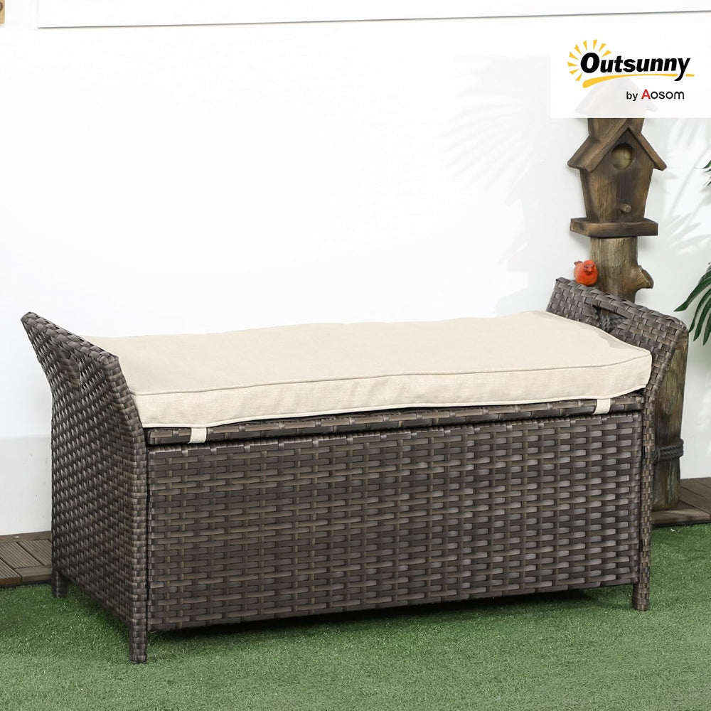 Outsunny 29 Gallon Patio Wicker Storage Bench Outdoor PE Rattan Cream White