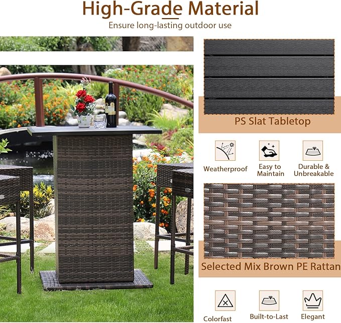 Tangkula 5 Piece Outdoor Rattan Bar Set, Patio Bar Furniture with 4 Cushions ...