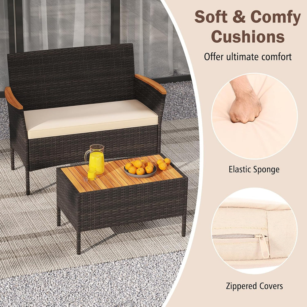 Tangkula 4 Pieces Patio Wicker Sofa Set, 2 Rattan Chairs & Loveseat w/Cof...